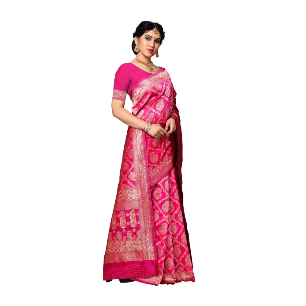 Generic Women's Jacquard Silk Saree With Blouse (Pink,6-3 Mtrs) - Noble Nook