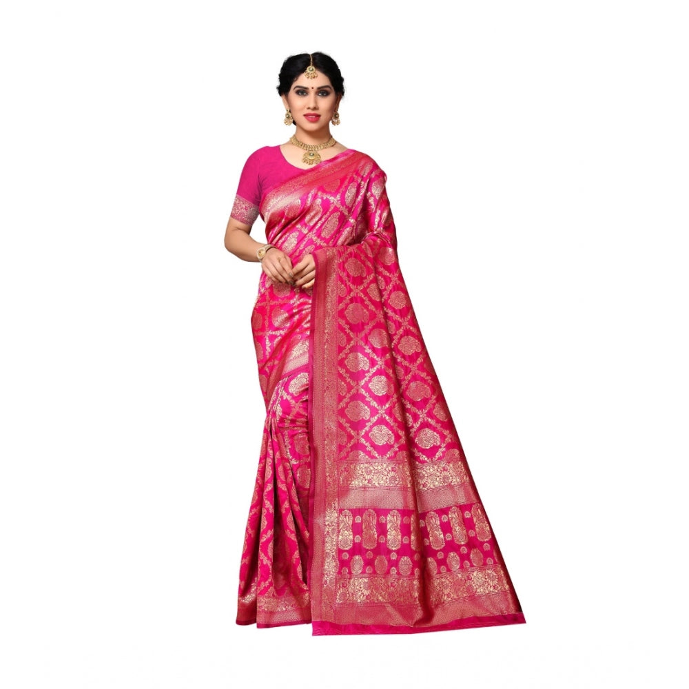 Generic Women's Jacquard Silk Saree With Blouse (Pink,6-3 Mtrs) - Noble Nook