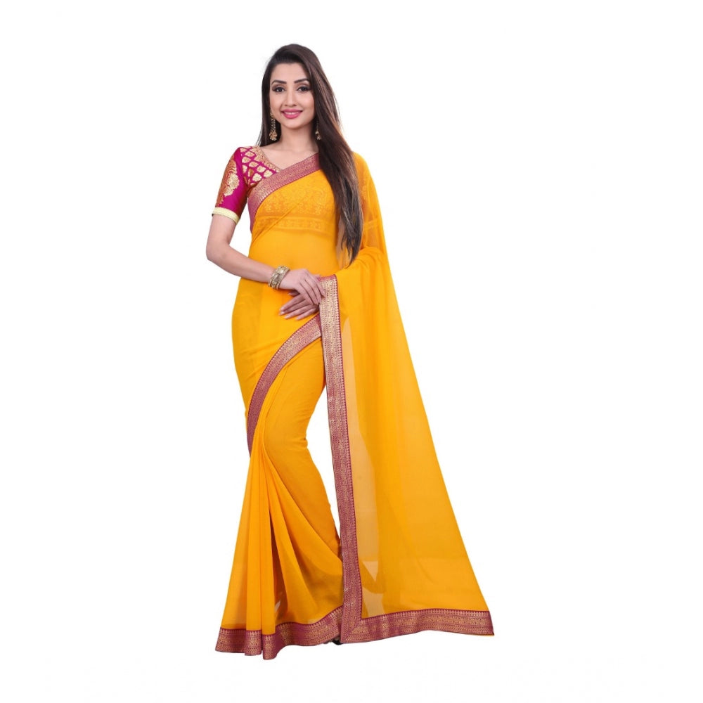 Generic Women's Chiifon, Jacquard Blouse Saree(Yellow,5-6 Mtrs) - Noble Nook