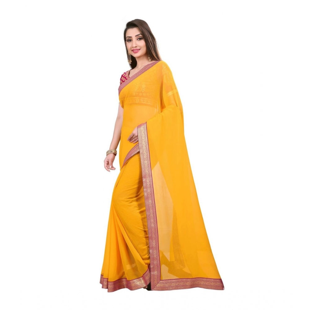 Generic Women's Chiifon, Jacquard Blouse Saree(Yellow,5-6 Mtrs) - Noble Nook