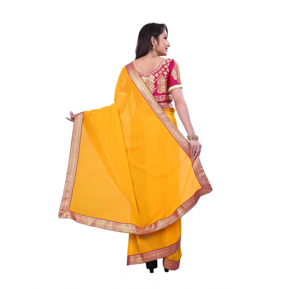 Generic Women's Chiifon, Jacquard Blouse Saree(Yellow,5-6 Mtrs) - Noble Nook