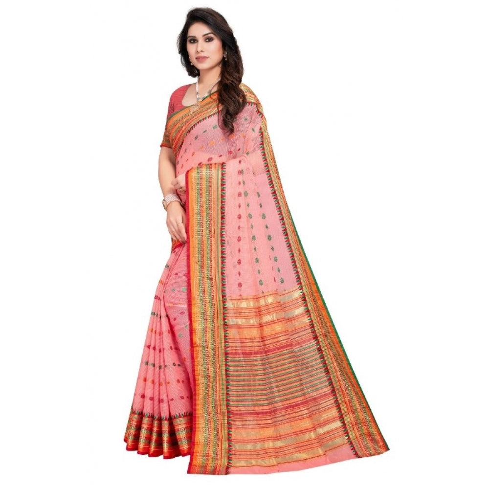 Generic Women's Kota Doria Cotton Woven Butta Saree With Blouse (Pink, 5-6 Mtrs) - Noble Nook