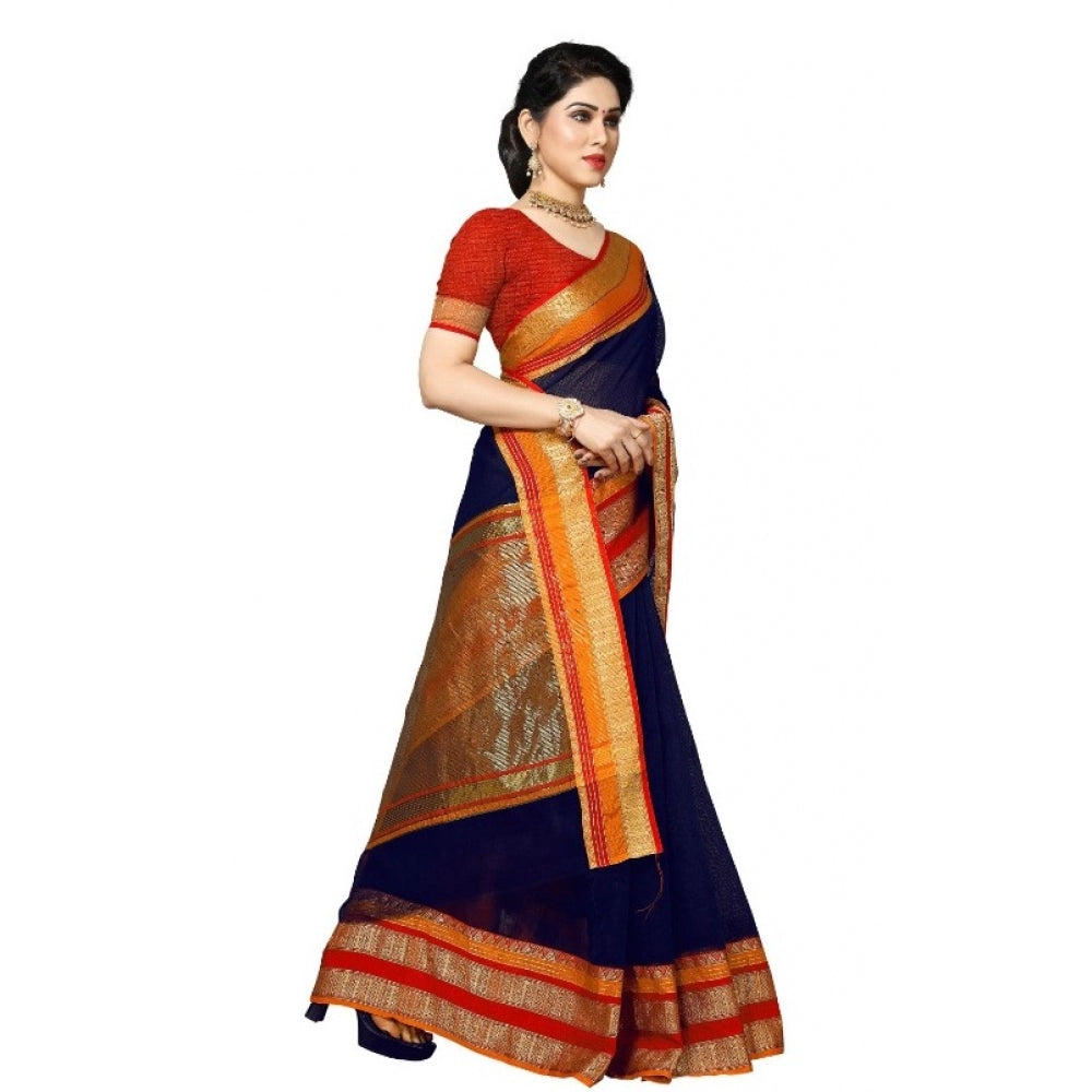 Generic Women's Kota Doria Cotton Border Saree With Blouse (Navy Blue, 5-6 Mtrs) - Noble Nook