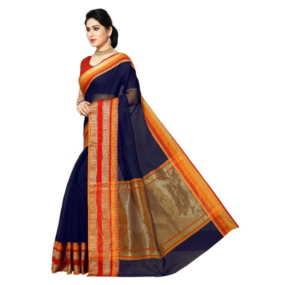 Generic Women's Kota Doria Cotton Border Saree With Blouse (Navy Blue, 5-6 Mtrs) - Noble Nook