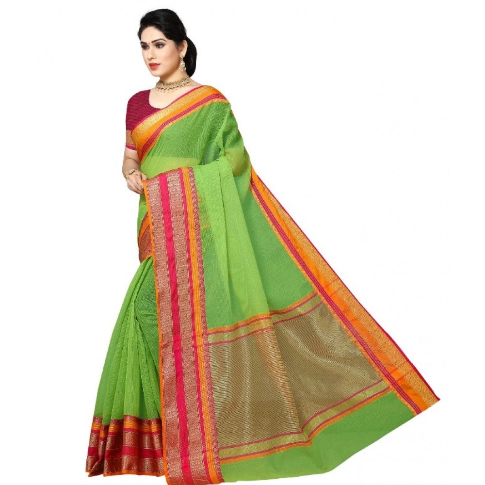 Generic Women's Kota Doria Cotton Border Saree With Blouse (Light Green, 5-6 Mtrs) - Noble Nook