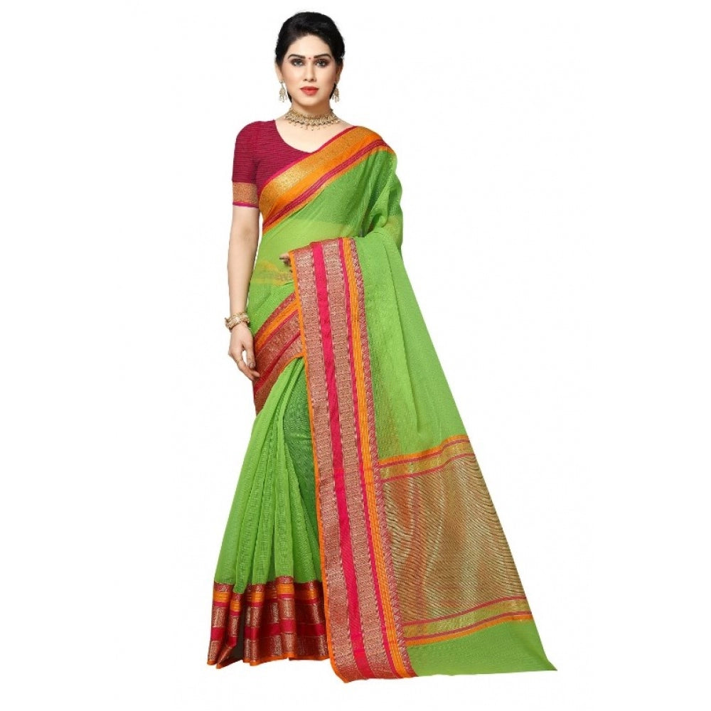 Generic Women's Kota Doria Cotton Border Saree With Blouse (Light Green, 5-6 Mtrs) - Noble Nook