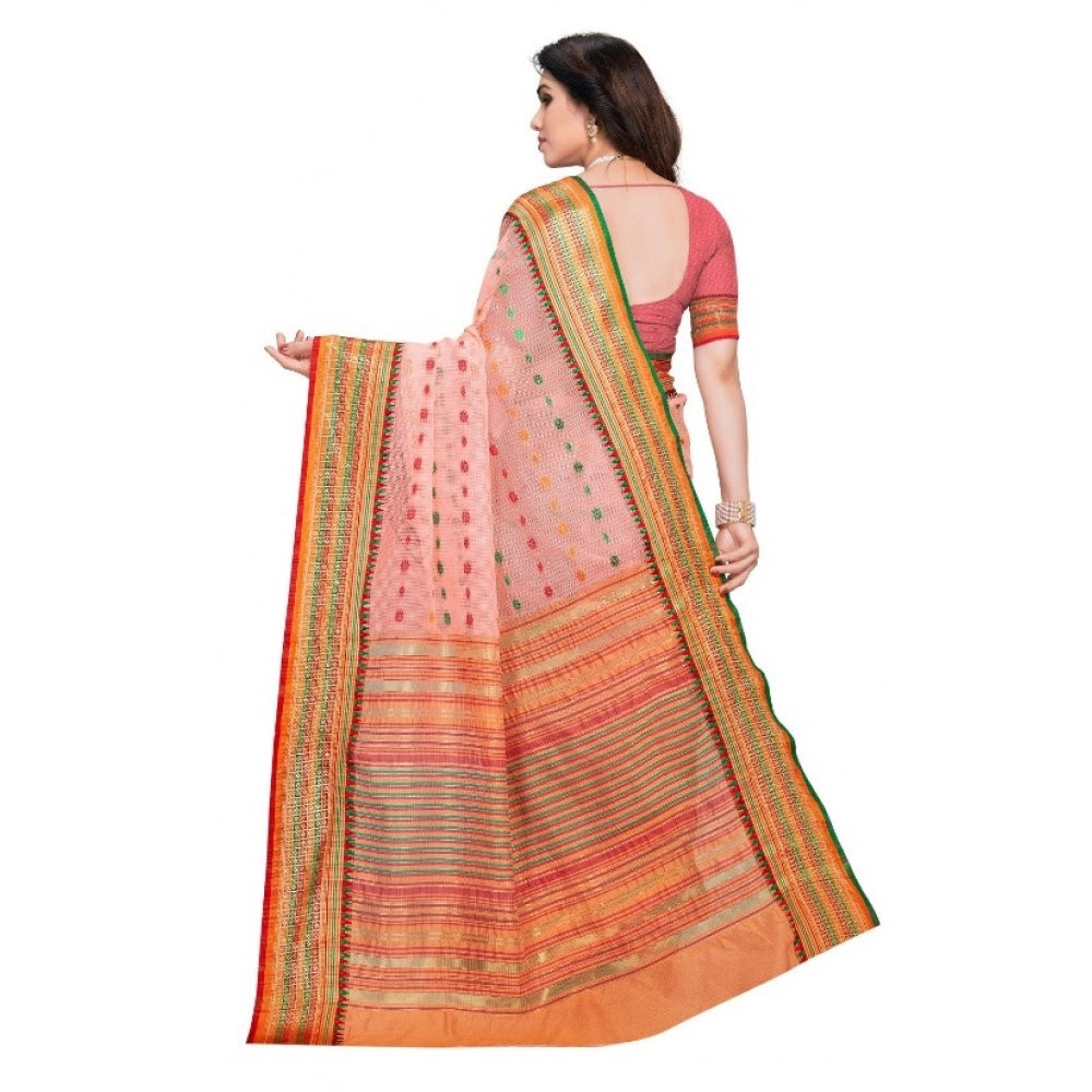 Generic Women's Kota Doria Cotton Woven Butta Saree With Blouse (Peach, 5-6 Mtrs) - Noble Nook