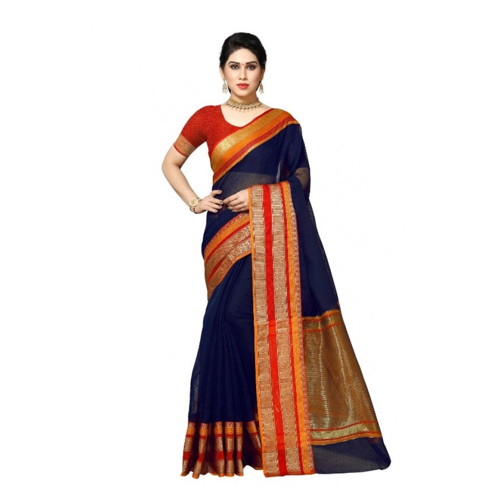 Generic Women's Kota Doria Cotton Border Saree With Blouse (Navy Blue, 5-6 Mtrs) - Noble Nook