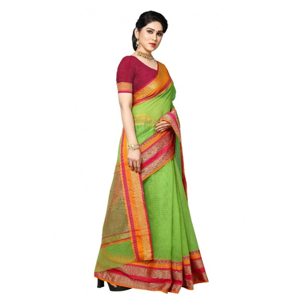 Generic Women's Kota Doria Cotton Border Saree With Blouse (Light Green, 5-6 Mtrs) - Noble Nook