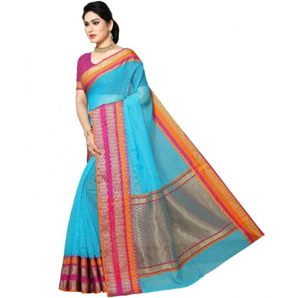 Generic Women's Kota Doria Cotton Border Saree With Blouse (Sky Blue, 5-6 Mtrs) - Noble Nook