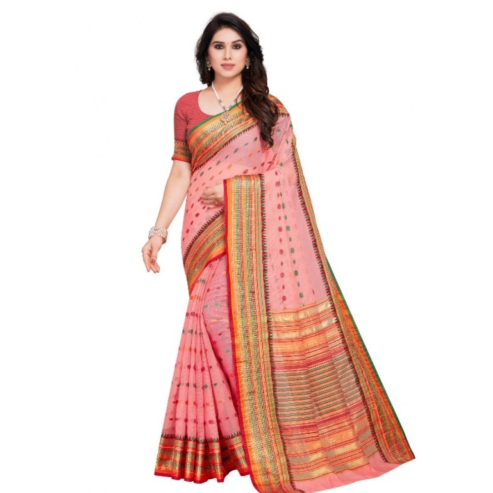 Generic Women's Kota Doria Cotton Woven Butta Saree With Blouse (Pink, 5-6 Mtrs) - Noble Nook