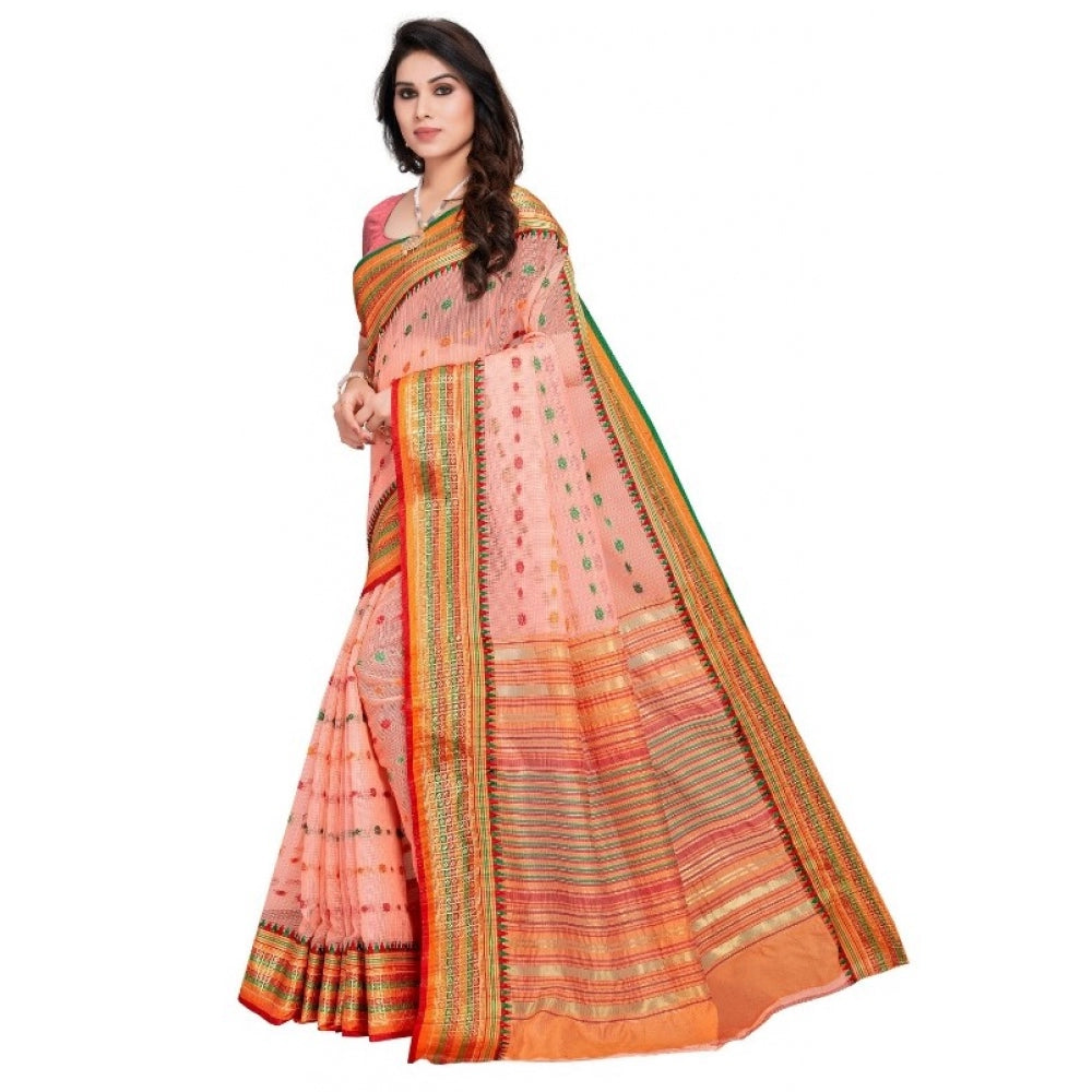 Generic Women's Kota Doria Cotton Woven Butta Saree With Blouse (Peach, 5-6 Mtrs) - Noble Nook