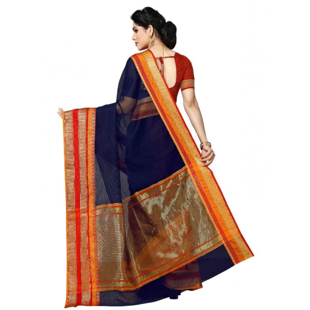 Generic Women's Kota Doria Cotton Border Saree With Blouse (Navy Blue, 5-6 Mtrs) - Noble Nook