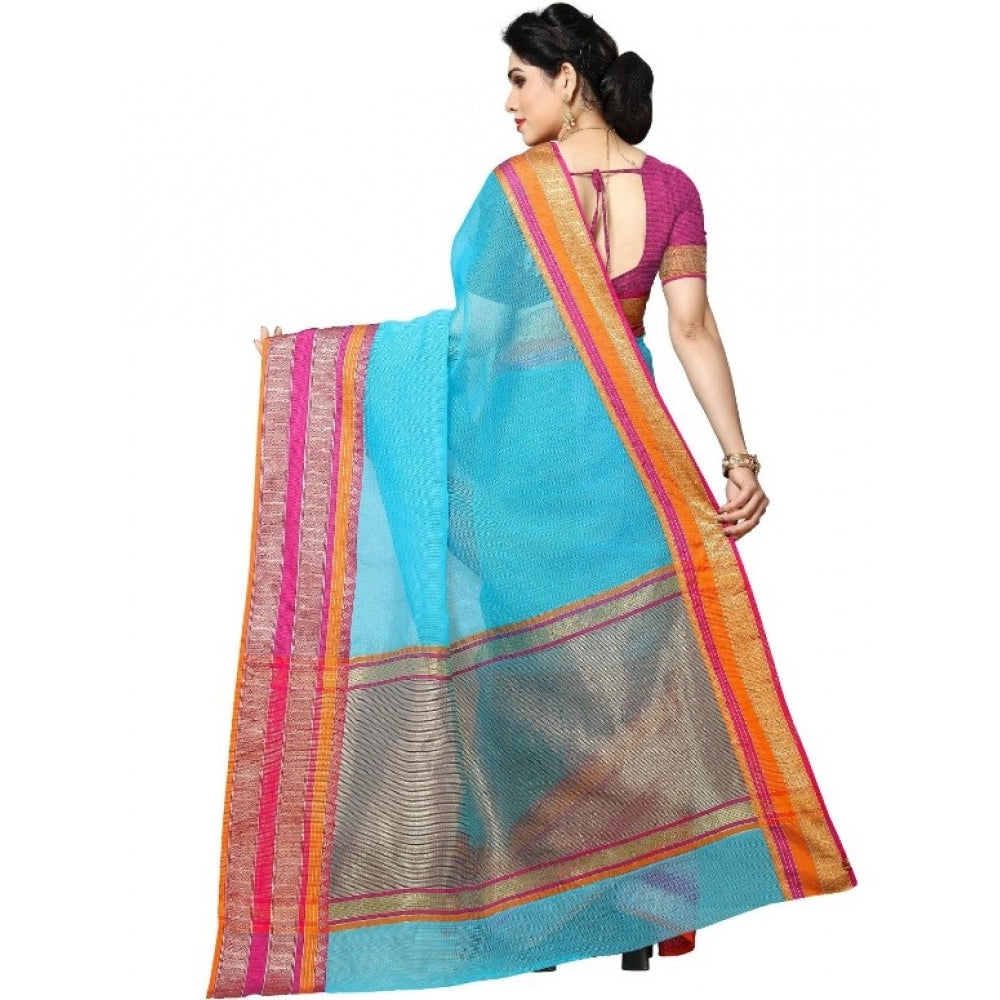 Generic Women's Kota Doria Cotton Border Saree With Blouse (Sky Blue, 5-6 Mtrs) - Noble Nook