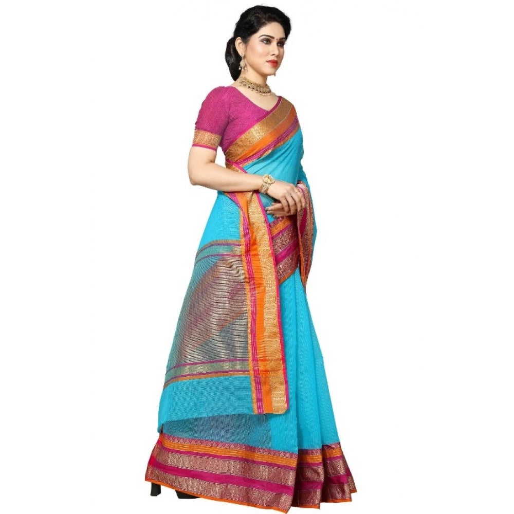 Generic Women's Kota Doria Cotton Border Saree With Blouse (Sky Blue, 5-6 Mtrs) - Noble Nook