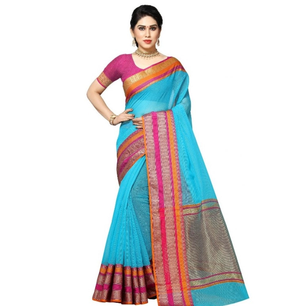 Generic Women's Kota Doria Cotton Border Saree With Blouse (Sky Blue, 5-6 Mtrs) - Noble Nook