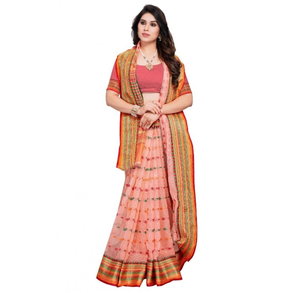 Generic Women's Kota Doria Cotton Woven Butta Saree With Blouse (Peach, 5-6 Mtrs) - Noble Nook