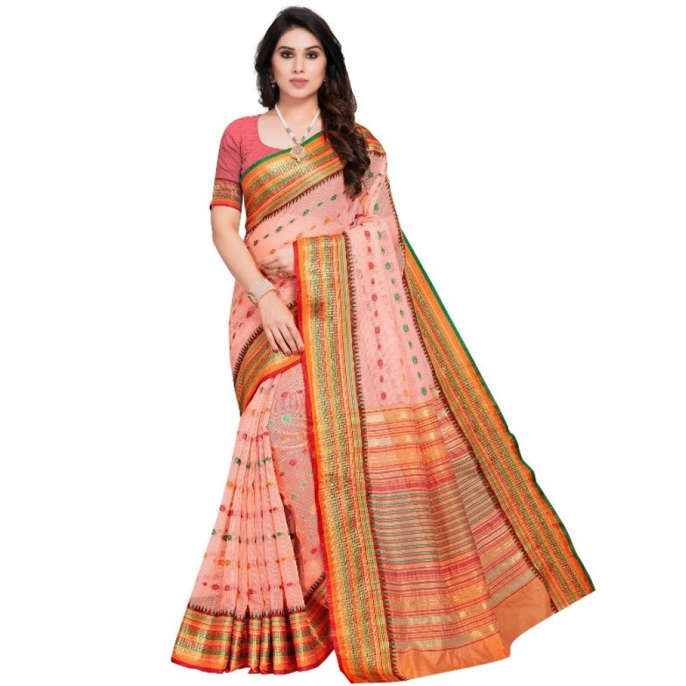 Generic Women's Kota Doria Cotton Woven Butta Saree With Blouse (Peach, 5-6 Mtrs) - Noble Nook