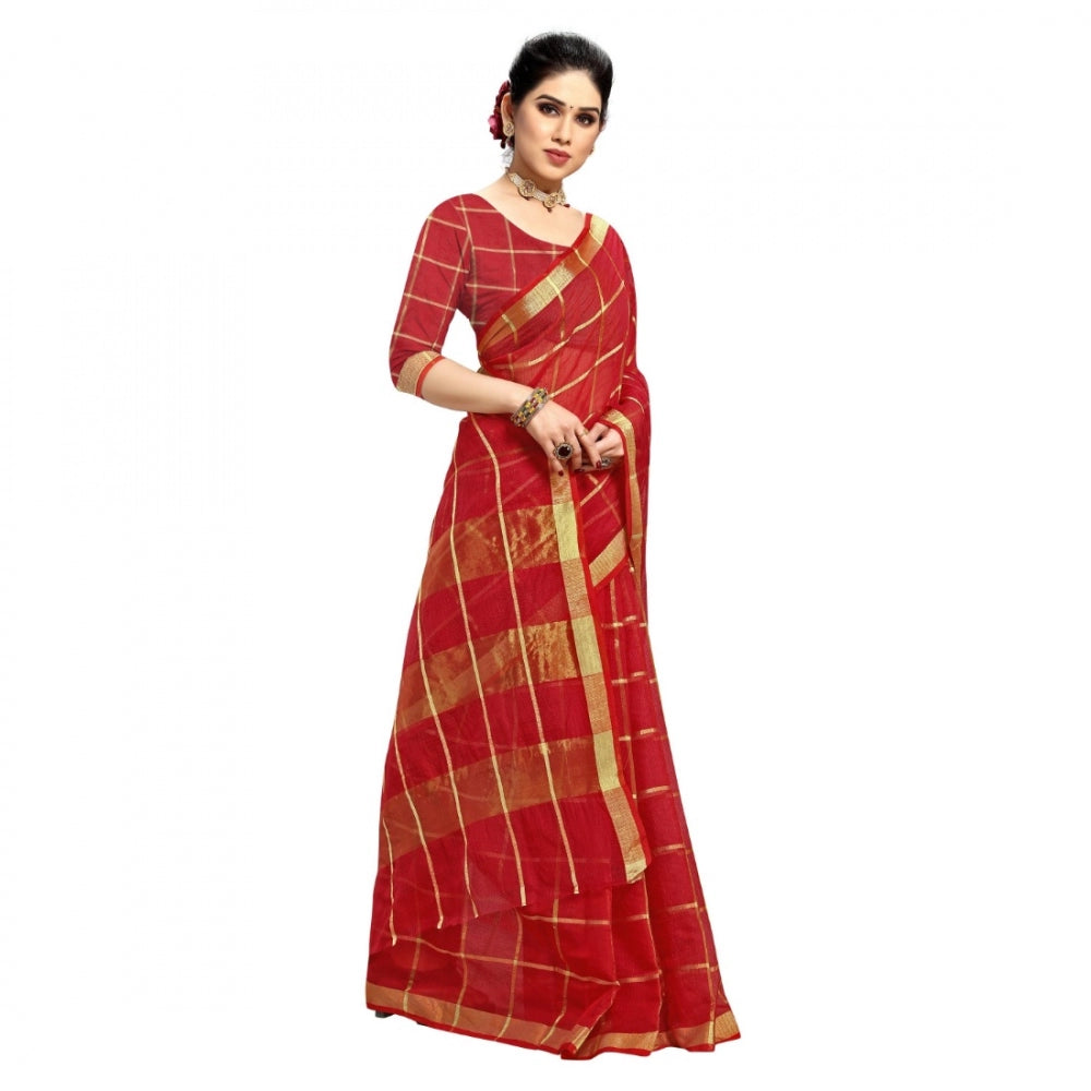 Generic Women's Kota Doria Cotton Checked Saree With Blouse (Red, 5-6 Mtrs) - Noble Nook