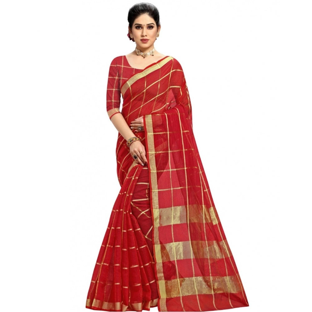 Generic Women's Kota Doria Cotton Checked Saree With Blouse (Red, 5-6 Mtrs) - Noble Nook