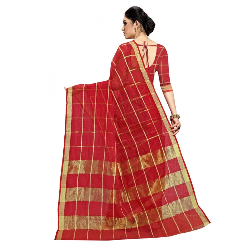 Generic Women's Kota Doria Cotton Checked Saree With Blouse (Red, 5-6 Mtrs) - Noble Nook