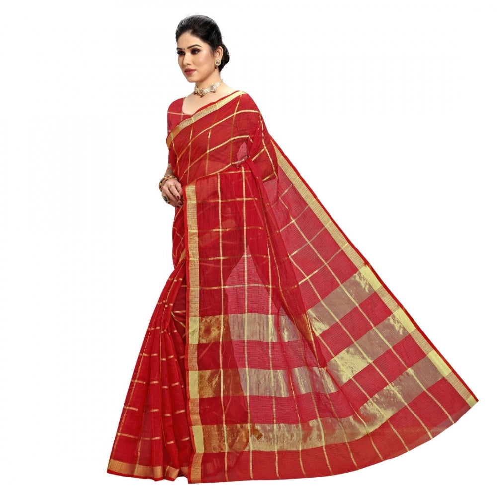 Generic Women's Kota Doria Cotton Checked Saree With Blouse (Red, 5-6 Mtrs) - Noble Nook