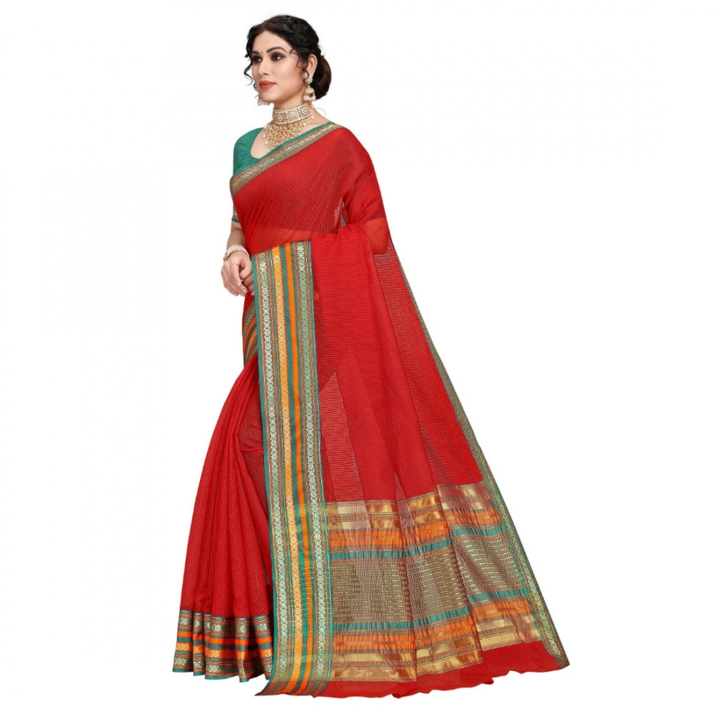 Generic Women's Kota Doria Cotton Bordered Saree With Blouse (Red, 5-6 Mtrs) - Noble Nook