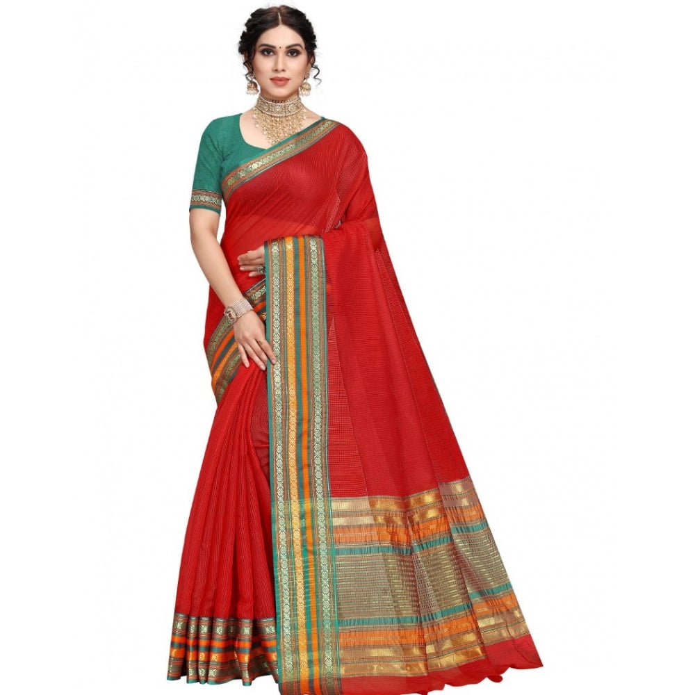 Generic Women's Kota Doria Cotton Bordered Saree With Blouse (Red, 5-6 Mtrs) - Noble Nook