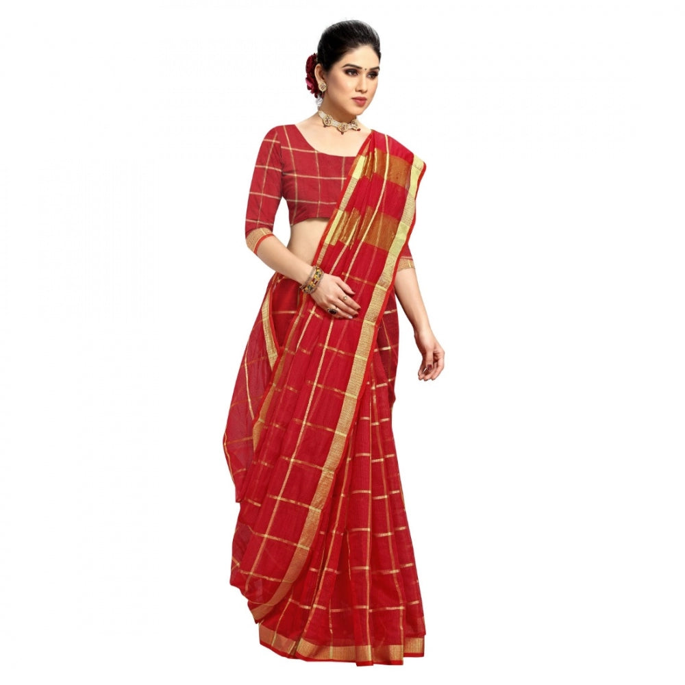 Generic Women's Kota Doria Cotton Checked Saree With Blouse (Red, 5-6 Mtrs) - Noble Nook