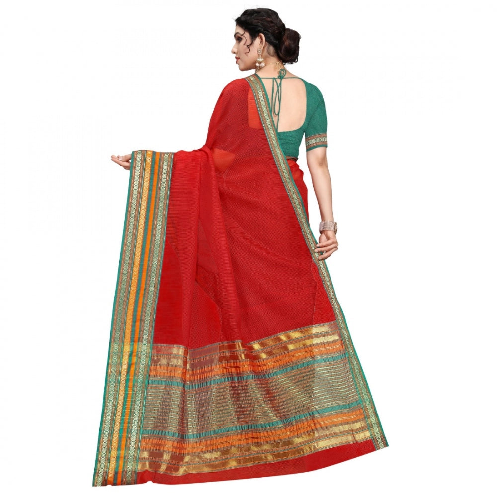 Generic Women's Kota Doria Cotton Bordered Saree With Blouse (Red, 5-6 Mtrs) - Noble Nook