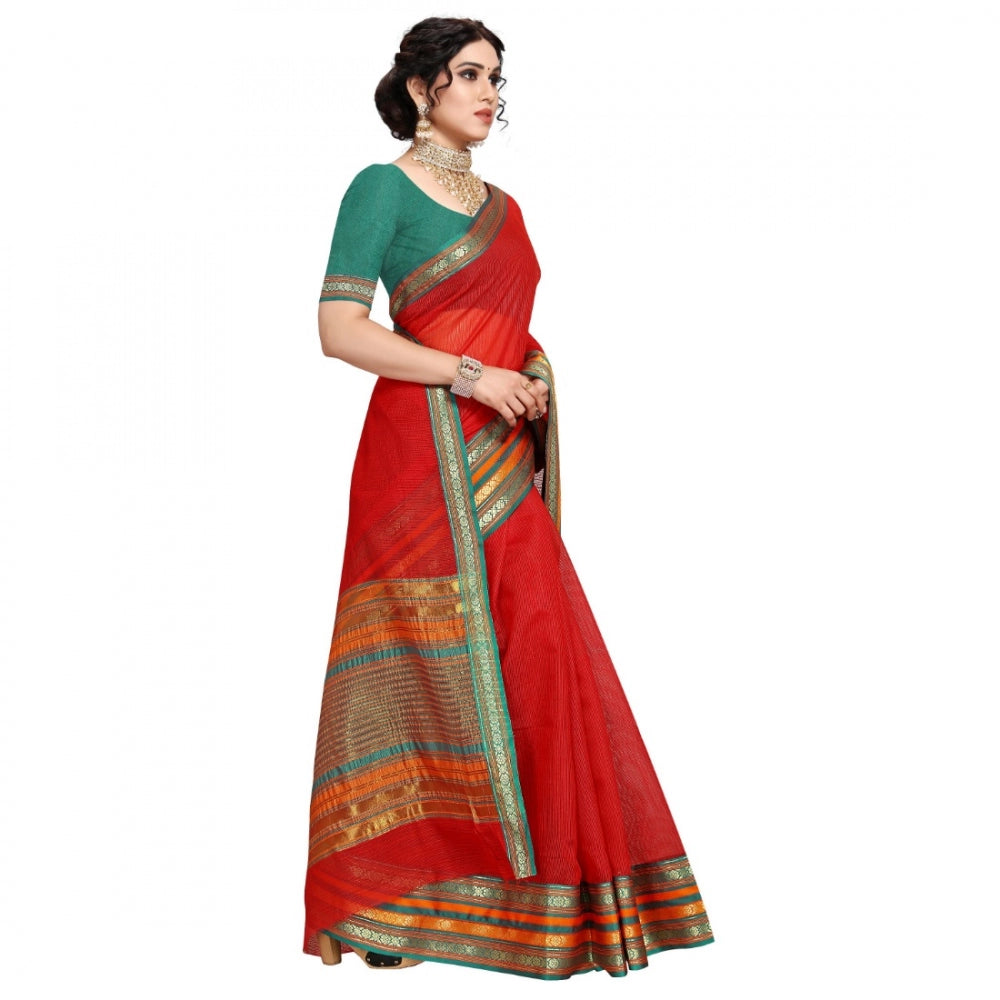 Generic Women's Kota Doria Cotton Bordered Saree With Blouse (Red, 5-6 Mtrs) - Noble Nook