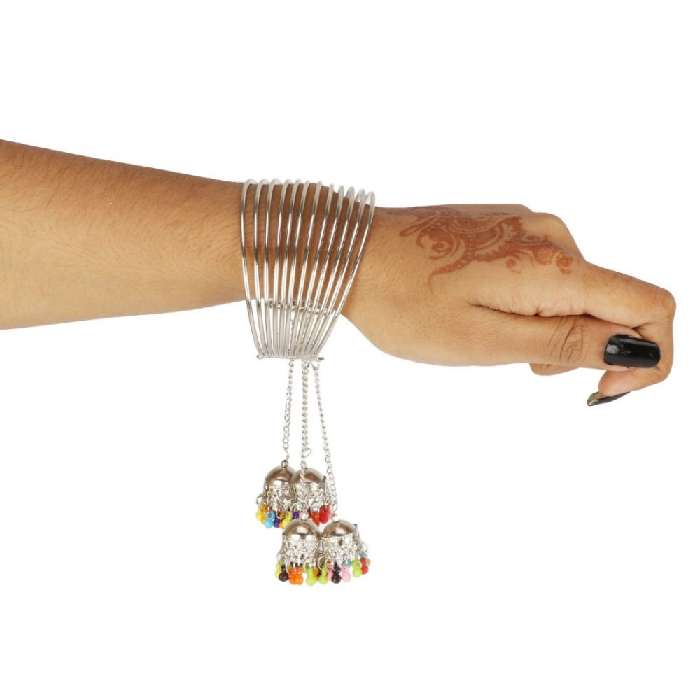 Generic Stylish Oxidized Silver Bangle Bracelet With Hanging Jhumki (Color: Silver) - Noble Nook