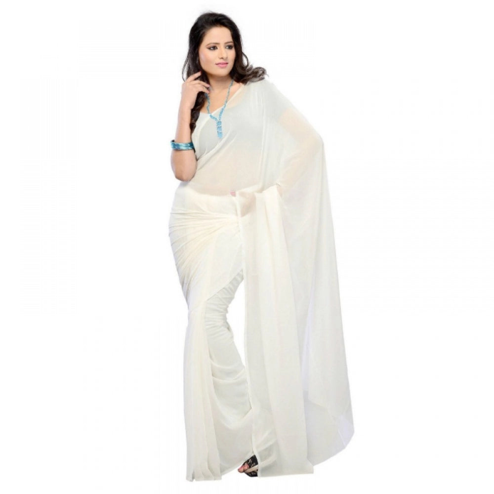 Generic Women's Georgette Plain Saree With Blouse (white, 5-6 Mtrs) - Noble Nook