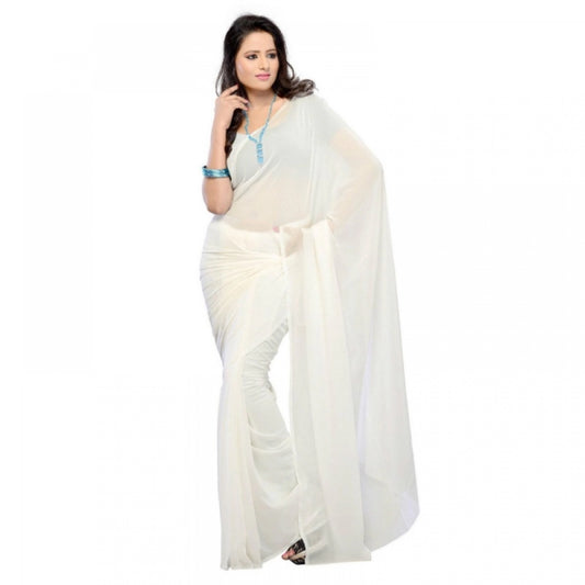 Generic Women's Georgette Plain Saree With Blouse (white, 5-6 Mtrs) - Noble Nook