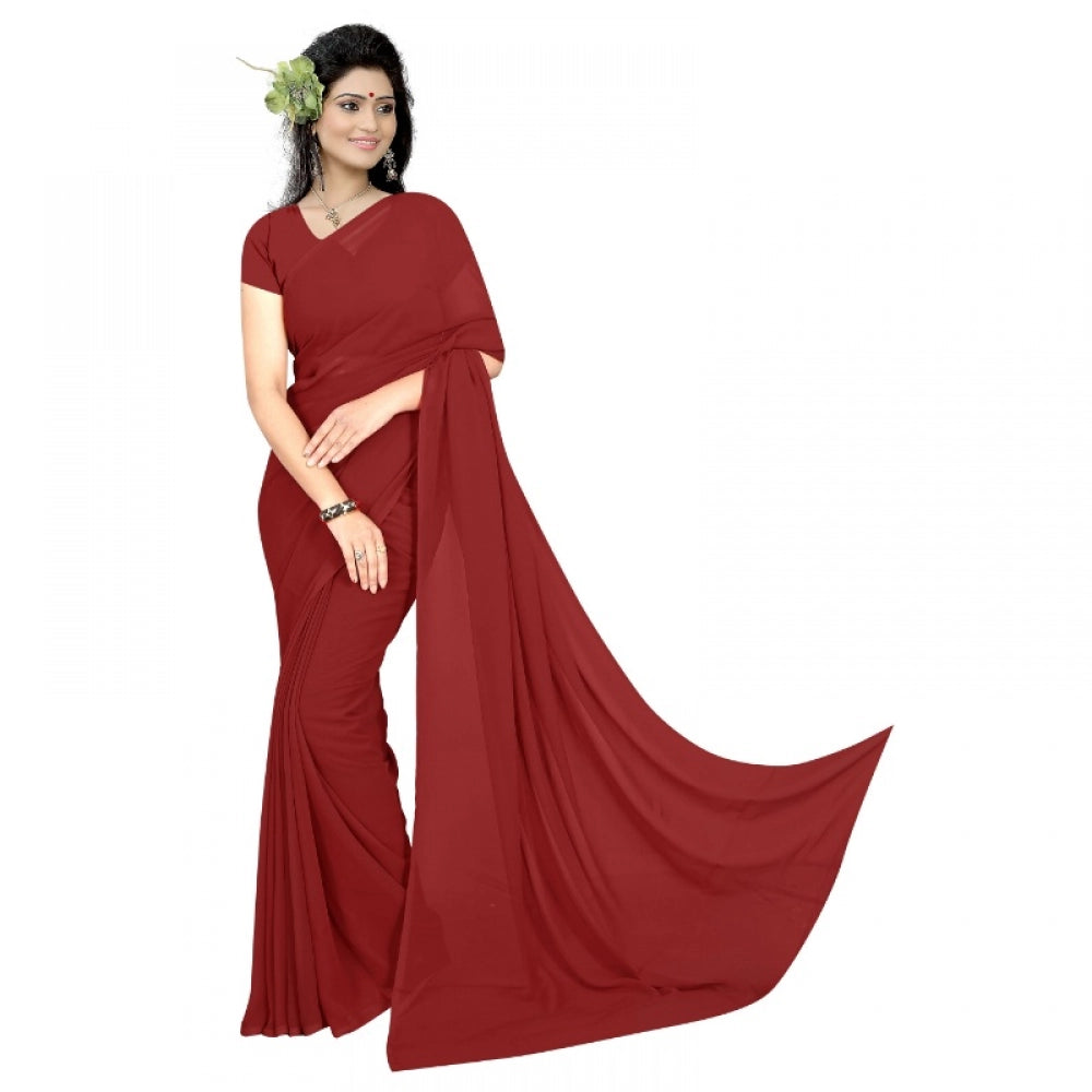 Generic Women's Georgette Plain Saree With Blouse (Maroon, 5-6 Mtrs) - Noble Nook