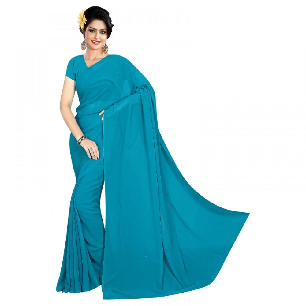 Generic Women's Georgette Plain Saree With Blouse (Dark Firozi, 5-6 Mtrs) - Noble Nook