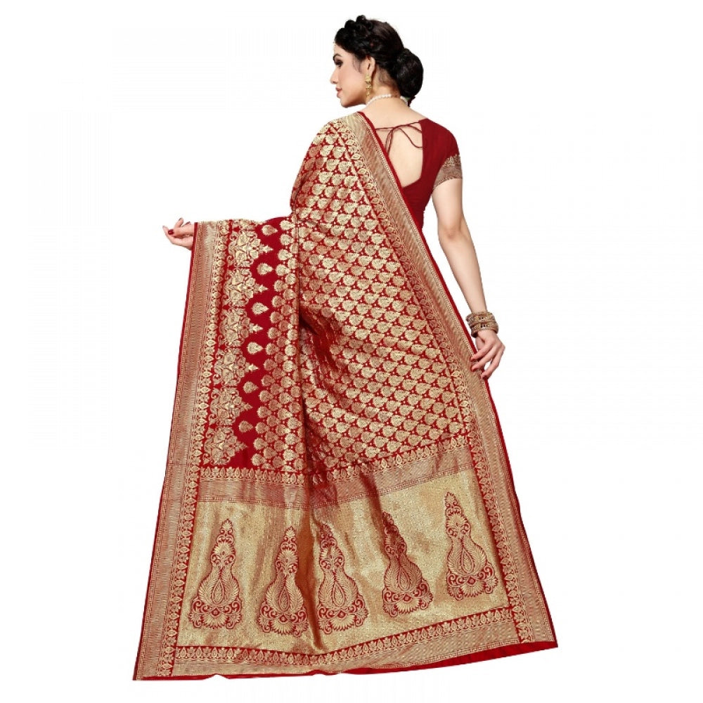 Generic Women's Jacquard Silk Kanjivaram Jacquard Silk Saree With Blouse (Red, 5-6 Mtrs) - Noble Nook