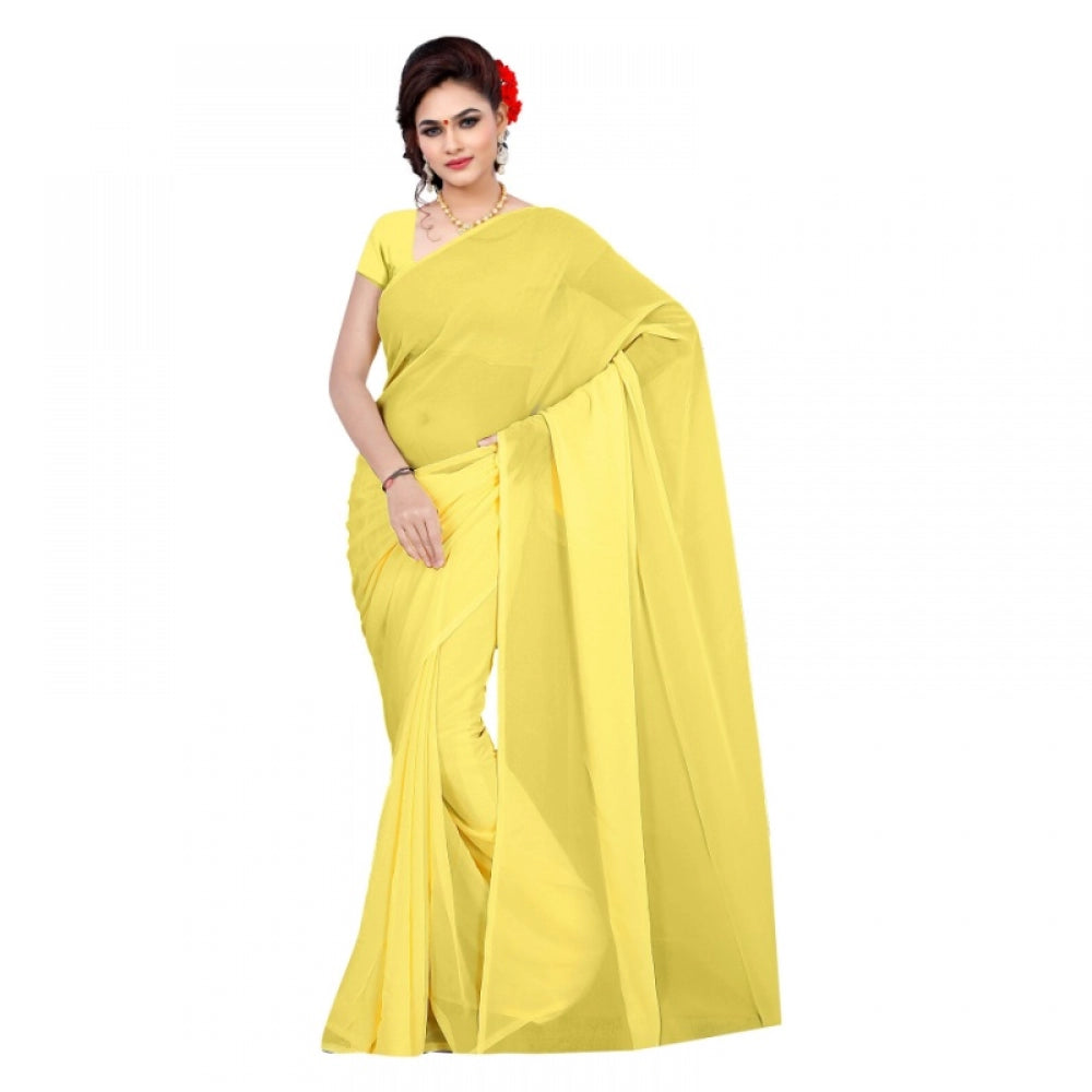 Generic Women's Georgette Plain Saree With Blouse (Lemon Yellow, 5-6 Mtrs) - Noble Nook