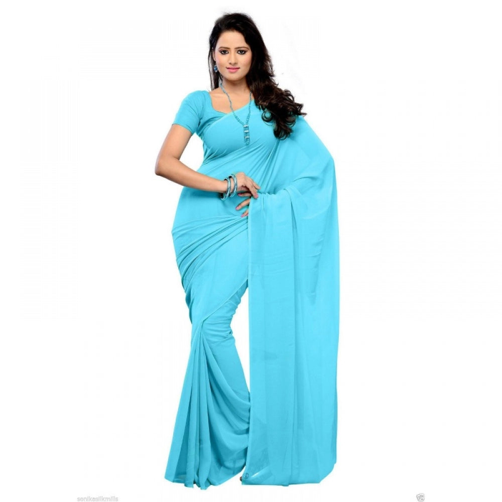 Generic Women's Georgette Plain Saree With Blouse (Sky Blue, 5-6 Mtrs) - Noble Nook