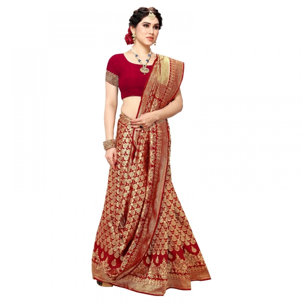 Generic Women's Jacquard Silk Kanjivaram Jacquard Silk Saree With Blouse (Red, 5-6 Mtrs) - Noble Nook