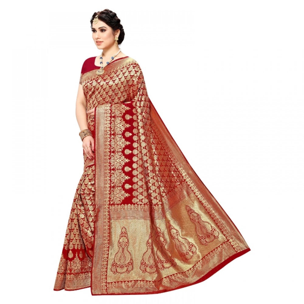 Generic Women's Jacquard Silk Kanjivaram Jacquard Silk Saree With Blouse (Red, 5-6 Mtrs) - Noble Nook