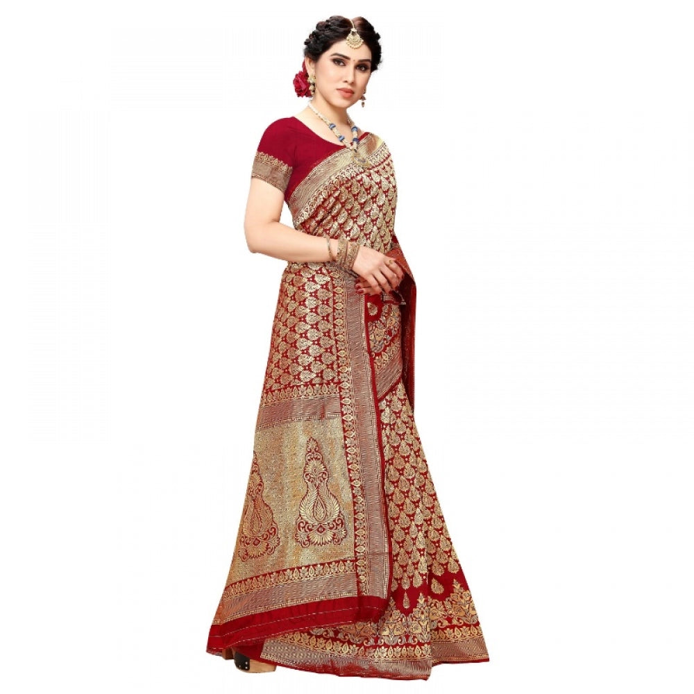 Generic Women's Jacquard Silk Kanjivaram Jacquard Silk Saree With Blouse (Red, 5-6 Mtrs) - Noble Nook