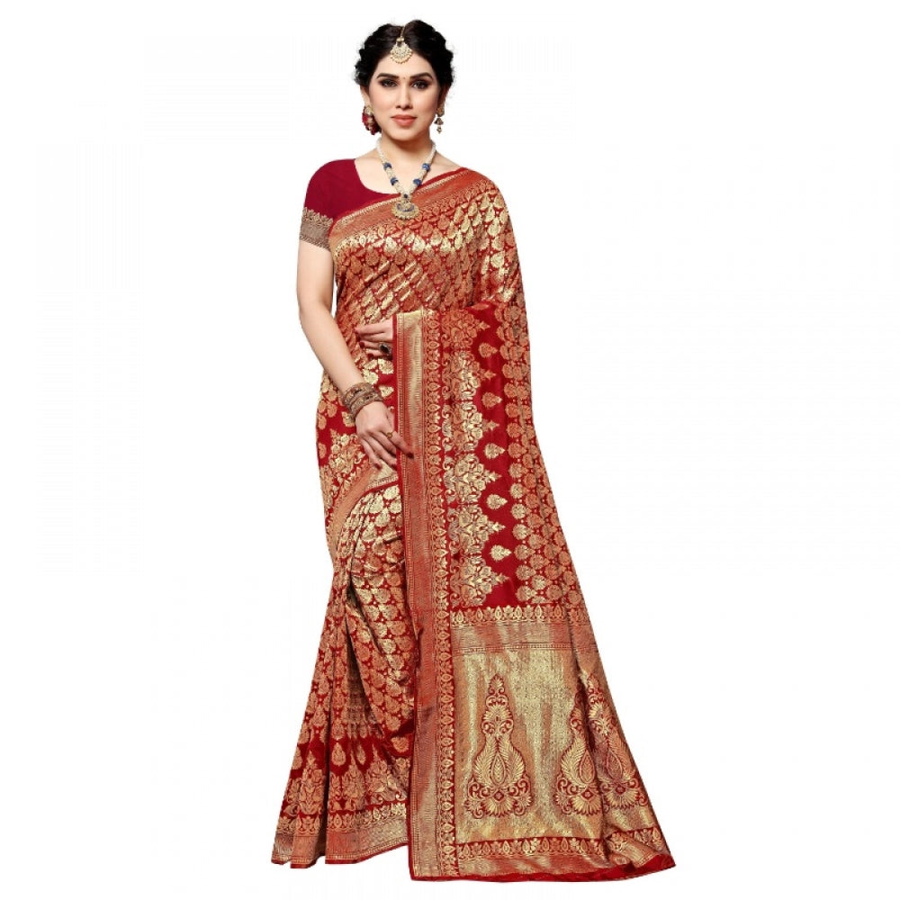 Generic Women's Jacquard Silk Kanjivaram Jacquard Silk Saree With Blouse (Red, 5-6 Mtrs) - Noble Nook