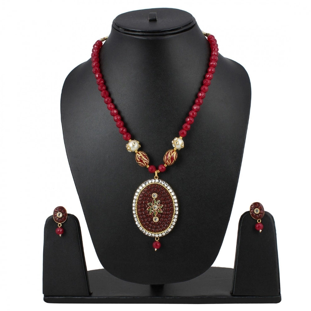 Generic Women's Stylish Maroon Golde Plated Traditional Kundan Necklace Set with Earrings (Color: Red) - Noble Nook