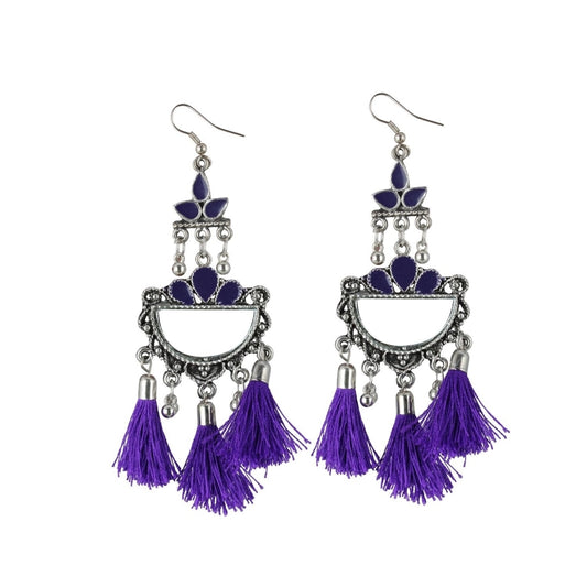 Generic Women's Silver Plated Afgani Tassel Earring (Color: Purple) - Noble Nook