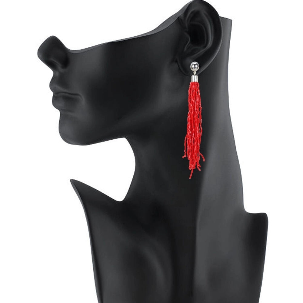 Generic Women's Alloy, Beads Hook Dangler Hanging Earring (Color: Red) - Noble Nook