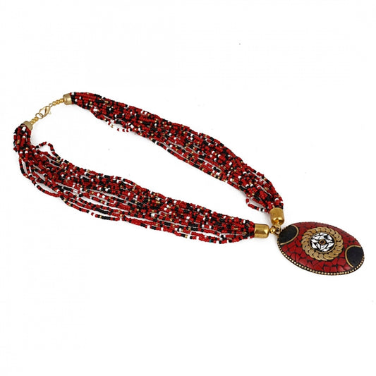 Generic Women's Multicolor Tibetan Style Beads Necklace (Color: Red) - Noble Nook