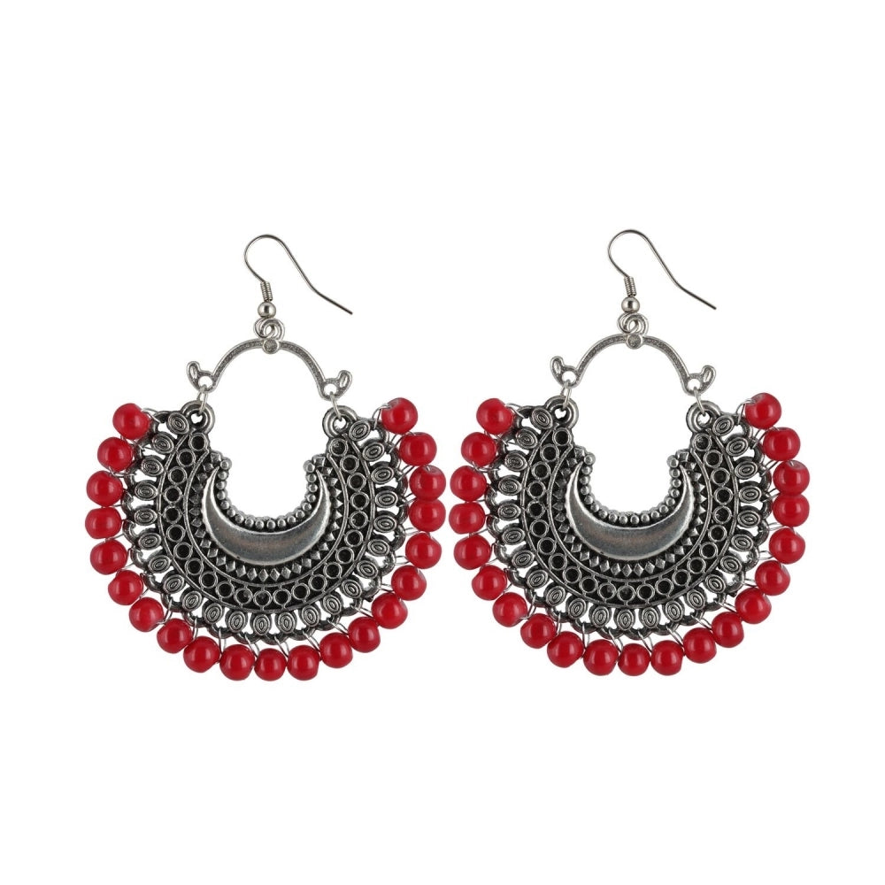 Generic Women's Silver Plated Hook Dangler Hanging Beads Earring (Color: Red) - Noble Nook