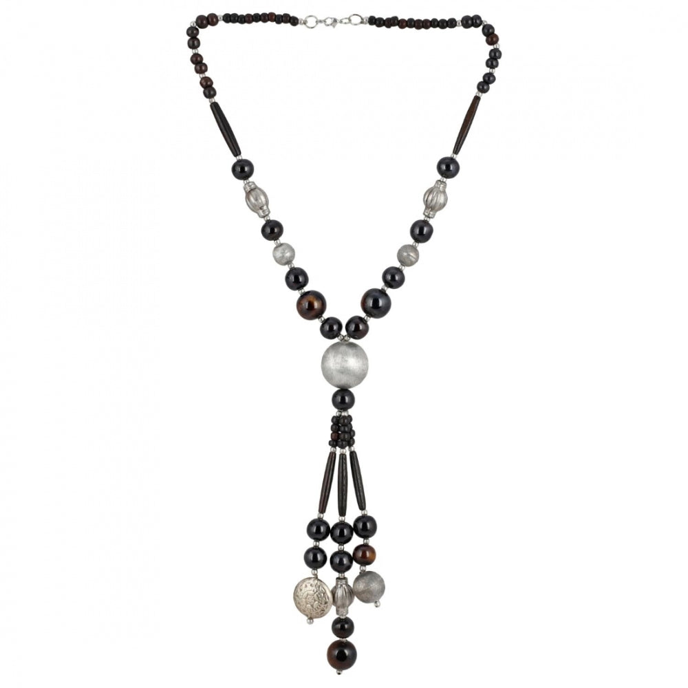 Generic Women's Stone Beads Fashion Silver Necklace (Color: Black) - Noble Nook