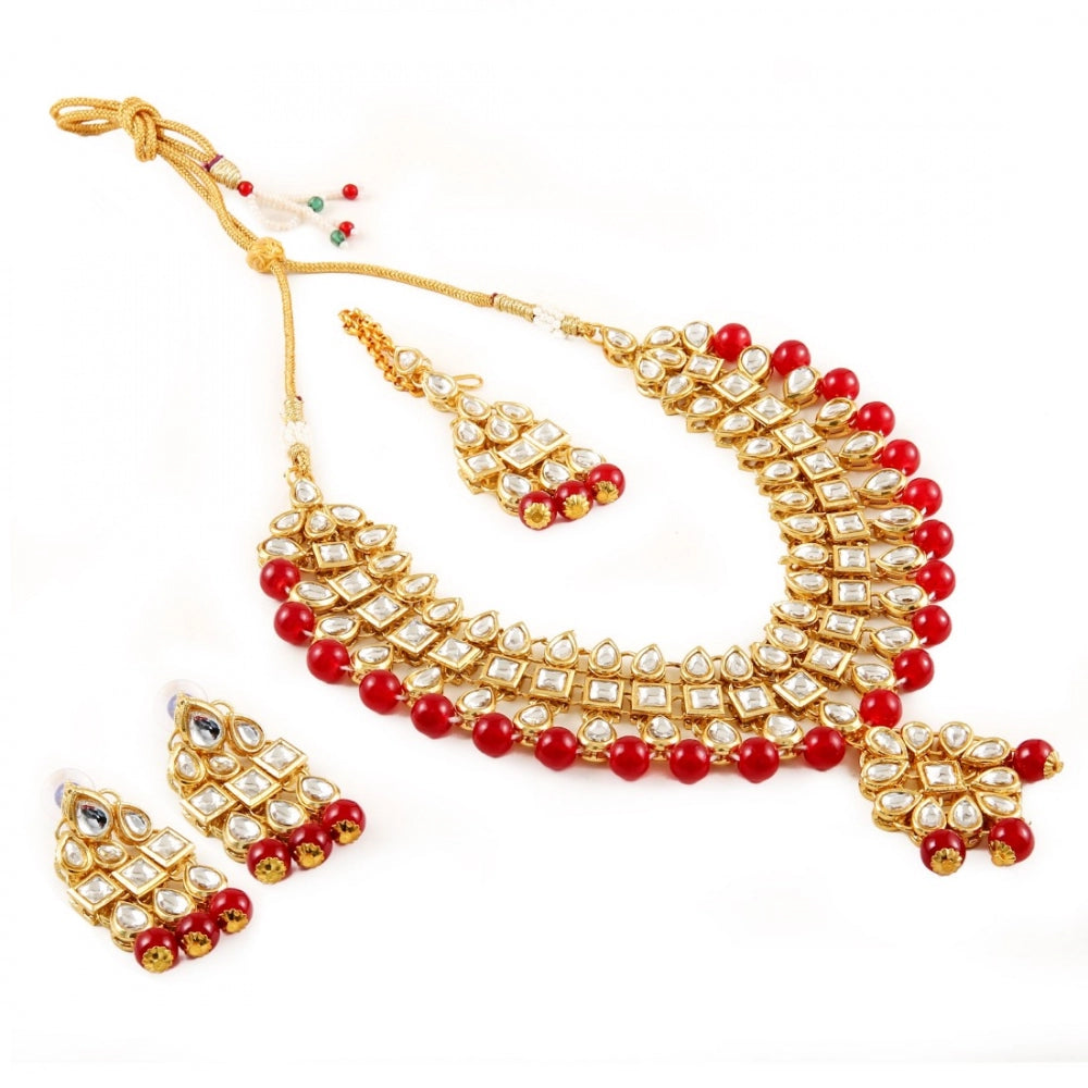 Generic Maroon Beads Gold Plated Kundan Necklace Set For Women - Noble Nook